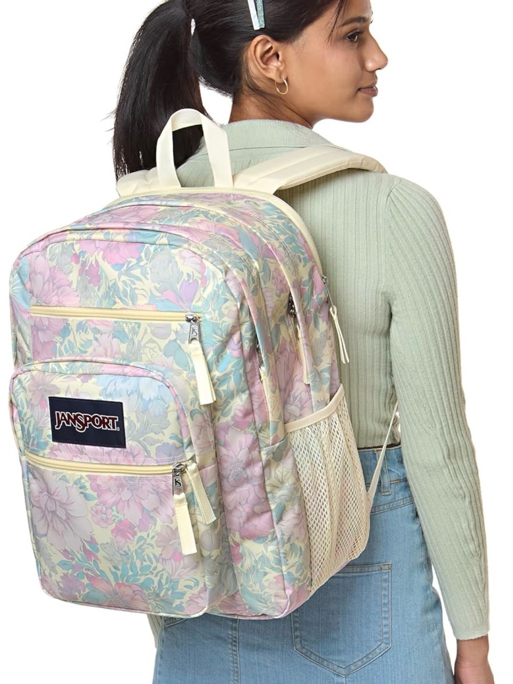 Jansport Pastel Floral Backpack in Pink, Blue & Cream - Picture 3 of 4